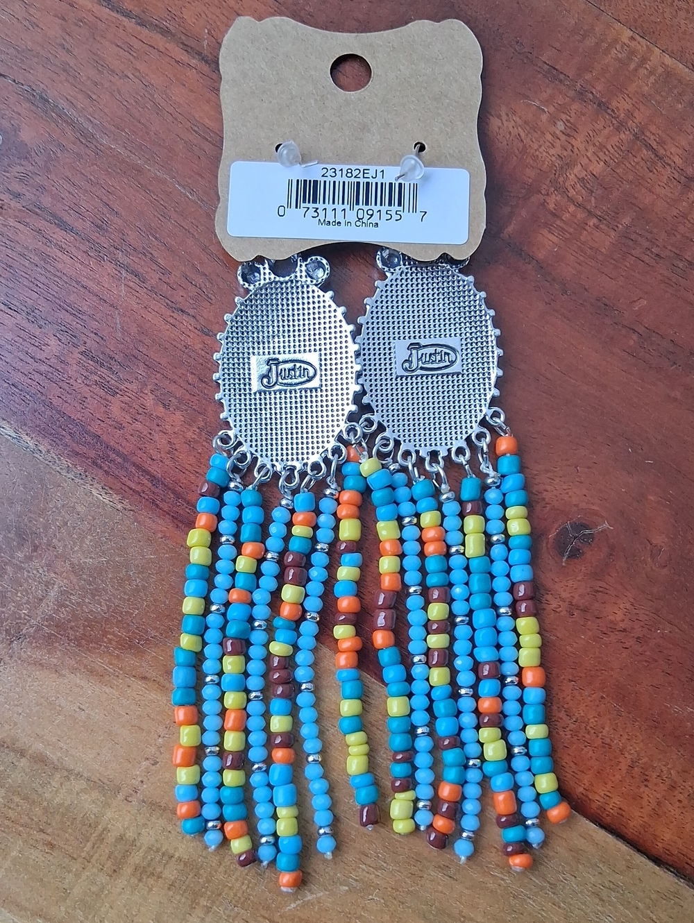 Justin Boots Turquoise, Orange, Yellow & Brown Beaded Long Fringe Earrings - Picture 6 of 6